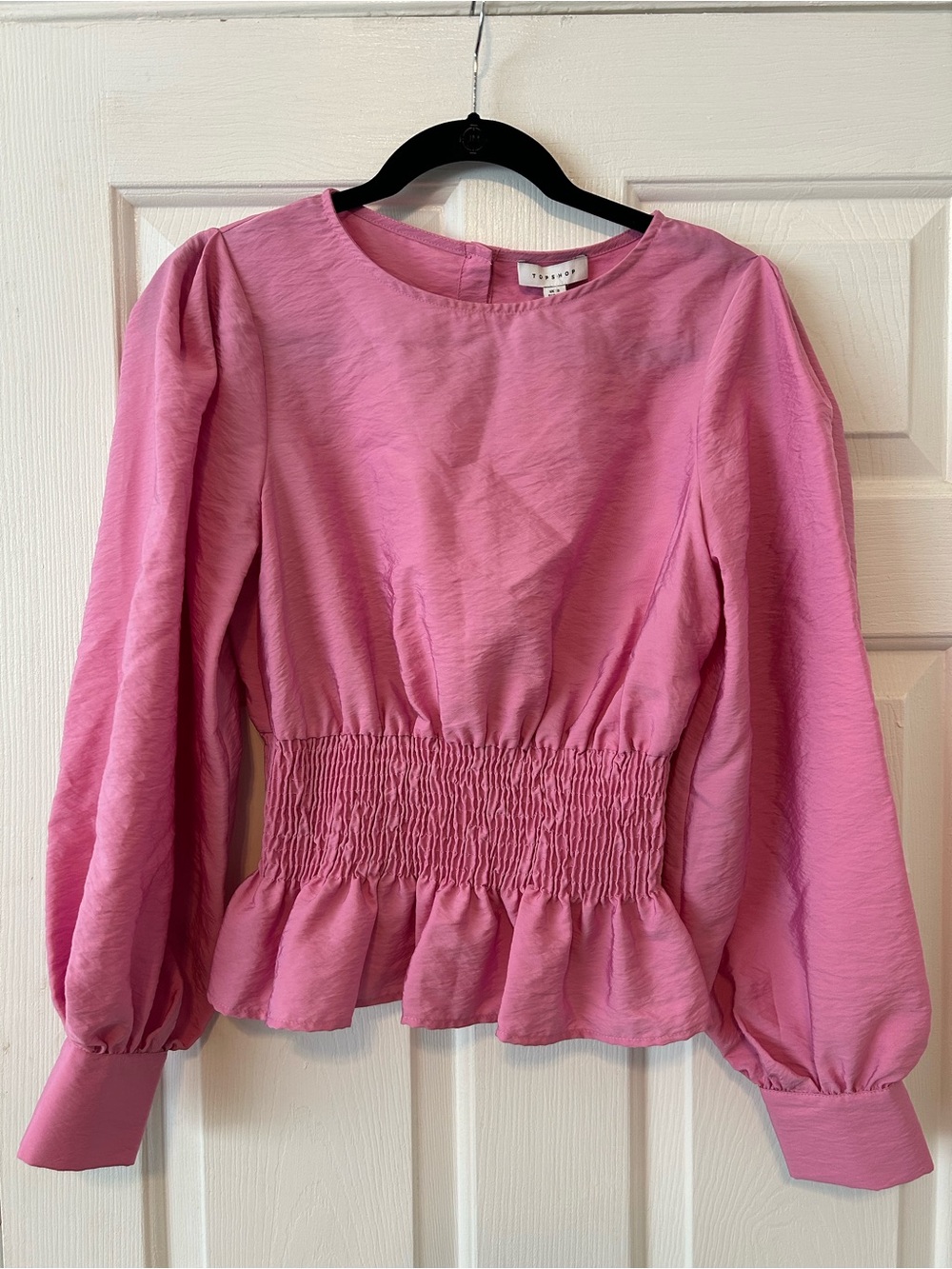 Topshop Pink Smocked Peplum Long-Sleeve Blouse